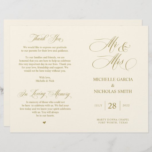 Mr. en Mrs., Gold font, Foldable Wedding Programme (Voorkant / Achterkant)