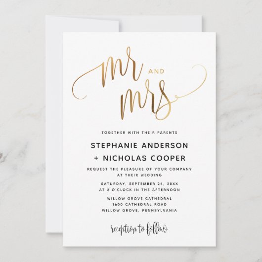 Mr en Mrs Gold Lovely Script Typography Wedding Kaart (Voorkant)