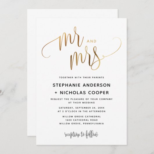 Mr en Mrs Gold Lovely Script Typography Wedding Kaart (Voorkant / Achterkant)
