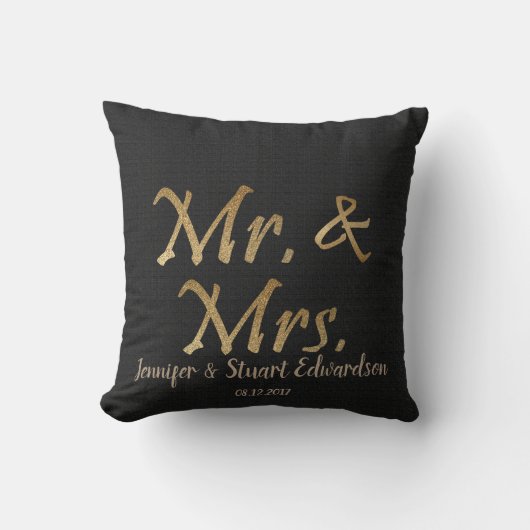 Mr en Mrs Gold script Black Burlap Wedding Kussen (Voorkant)