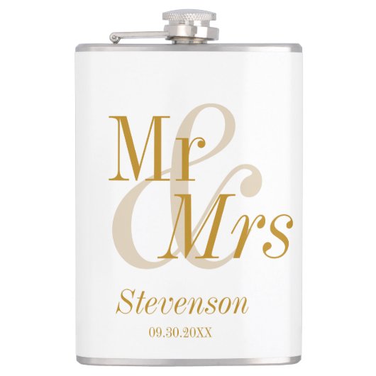 Mr en Mrs Gold Script Wedding Gift Heupfles (Voorkant)