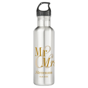 Mr en Mrs Gold Script Wedding Gift Waterfles