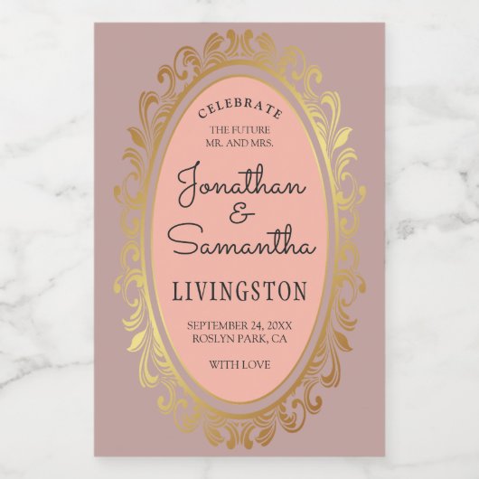 Mr en Mrs Gold Wreath Couples Shower Roos Wijn Etiket (Enkel label)