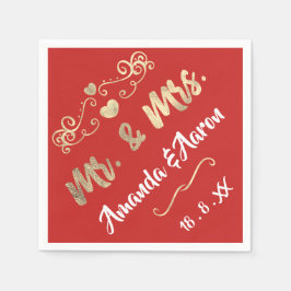 Mr en Mrs Heart Red Ruby Champaigne Gold Servet