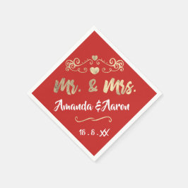 Mr en Mrs Heart Red Ruby Champaigne Gold Servet
