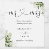 Mr en Mrs Heart Script Green Bloemenbruiloft Wijn Etiket (Enkel label)