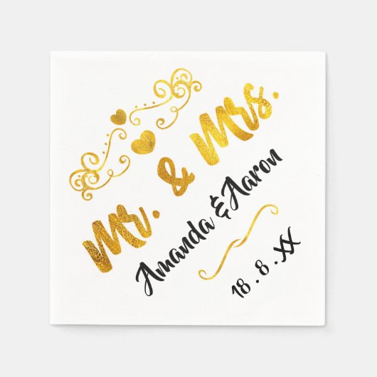 Mr en Mrs Hearts Black White Champagne Gold Servet (Voorkant)