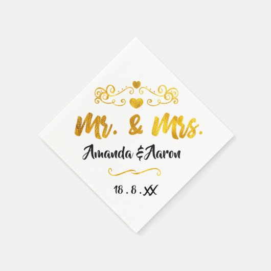 Mr en Mrs Hearts Black White Champagne Gold Servet (Hoek)