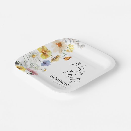 Mr en Mrs. | Kleurrijke Wildflower Boho bruiloft Papieren Bordje (Gebogen)