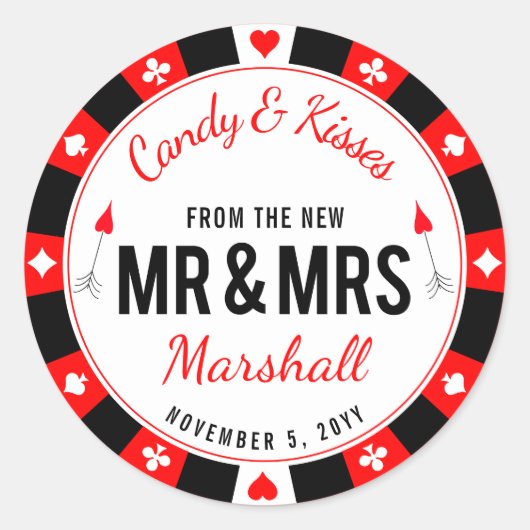 Mr en Mrs Las Vegas Poker Chip bruiloft gunst Ronde Sticker (Voorkant)