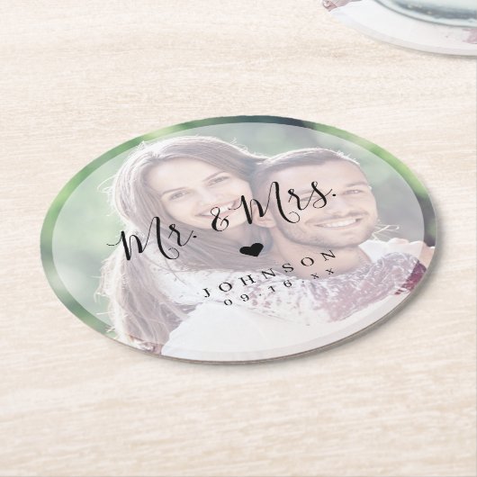 Mr. en Mrs. legant script foto bruiloft Ronde Kartonnen Onderzetter (Gebogen)