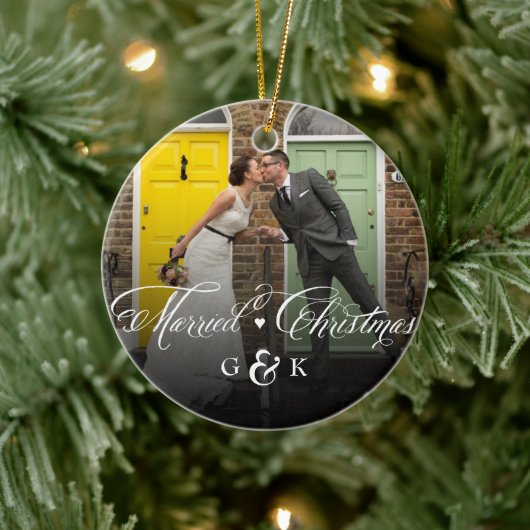 Mr. en Mrs. Married First kerstfoto Wedding Keramisch Ornament (Boom)