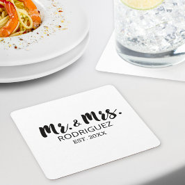 Mr en Mrs Modern Brush Font Wedding Jubileum Kartonnen Onderzetters