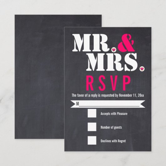 Mr. en Mrs. Moderne typografie zwart roze RSVP (Voorkant / Achterkant)