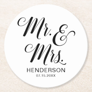 Mr en Mrs Name Wedding Ronde Kartonnen Onderzetter