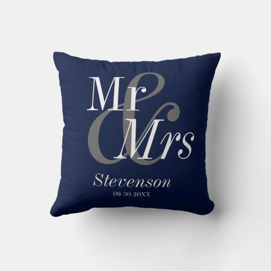 Mr en Mrs Navy Blue Elegant Modern Huwelijkscadeau Kussen (Achterkant)
