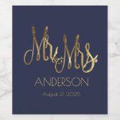 Mr en Mrs Navy Blue Faux Gold Foil Typografie Wijn Etiket (Enkel label)