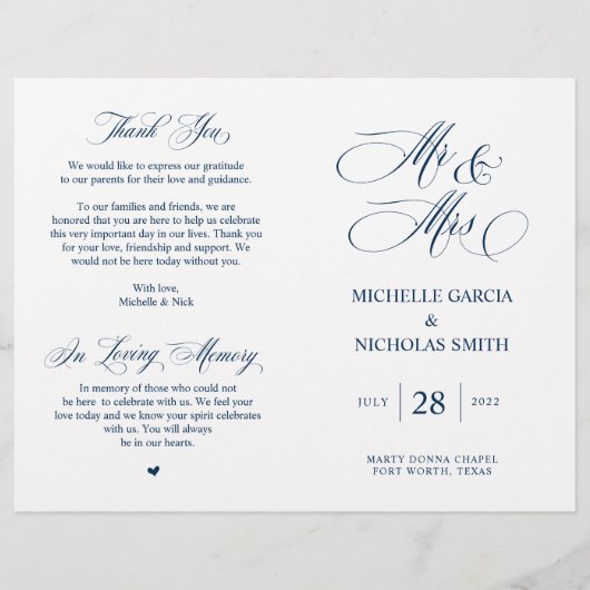 Mr. en Mrs., Navy Blue, Foldable Wedding Programme (Voorkant)