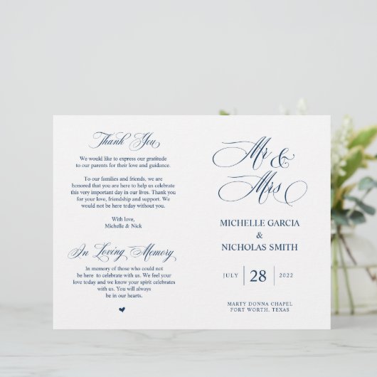Mr. en Mrs., Navy Blue, Foldable Wedding Programme (Staand voorkant)