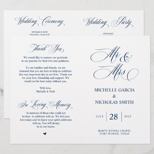 Mr. en Mrs., Navy Blue, Foldable Wedding Programme (Voorkant / Achterkant)