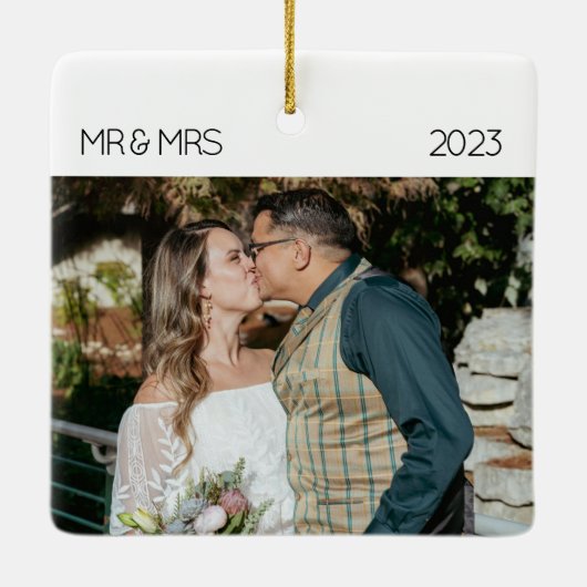 Mr. en Mrs. Pas getrouwd Foto met kerstkeramiek Keramisch Ornament (Achterkant)