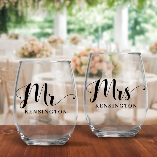 Mr en Mrs Pas getrouwd Typografie Bruiloft Wijnglas Zonder Voet