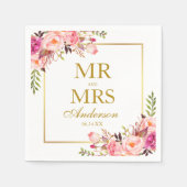 Mr en Mrs Pink Blush Bloemen Goud Bruiloft Servet (Voorkant)