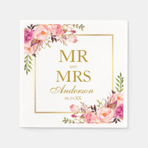 Mr en Mrs Pink Blush Bloemen Goud Bruiloft Servet