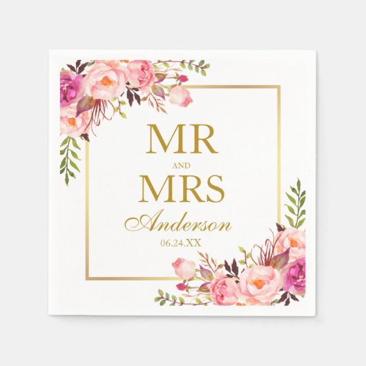 Mr en Mrs Pink Blush Bloemen Goud Bruiloft Servet (Voorkant)