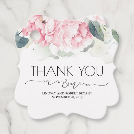 Mr en Mrs Pink Floral Dank u Bedankjes Labels (Voorkant)