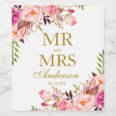 Mr en Mrs Pink Floral Gold Wedding Wijn Etiket (Enkel label)