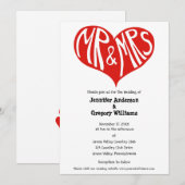 Mr en Mrs Red en White Heart Shape Wedding Kaart (Voorkant / Achterkant)