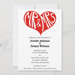 Mr en Mrs Red en White Heart Shape Wedding Kaart