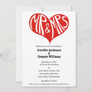 Mr en Mrs Red en White Heart Shape Wedding Kaart