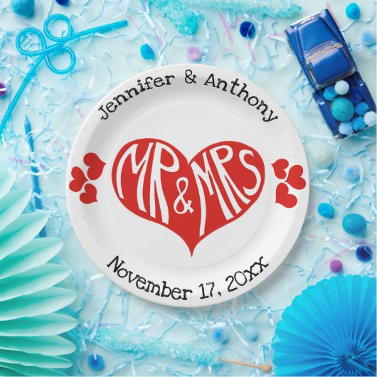 Mr en Mrs Red en White Heart Shape Wedding Papieren Bordje (Feest)