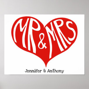Mr en Mrs Red en White Heart Shape Wedding Poster