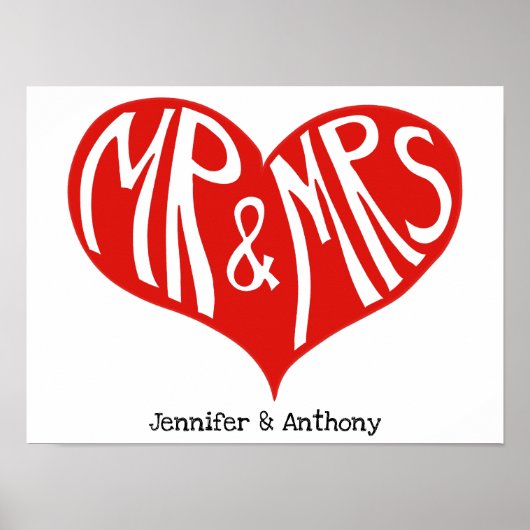 Mr en Mrs Red en White Heart Shape Wedding Poster (Voorkant)