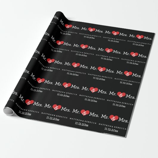 Mr en Mrs Red Heart Wedding Cadeaupapier (Uitgerold)