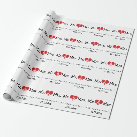 Mr en Mrs Red Heart Wedding Cadeaupapier (Uitgerold)