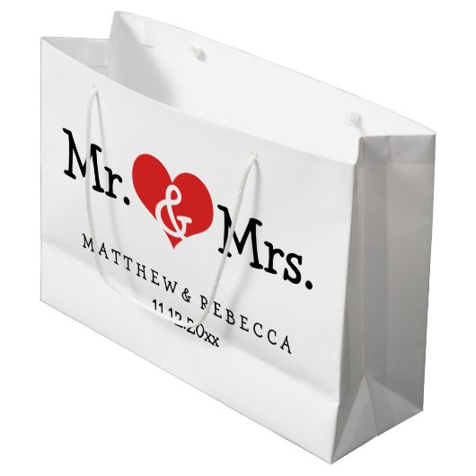Mr en Mrs Red Heart Wedding Personalized Groot Cadeauzakje (Voorkant Gekanteld)