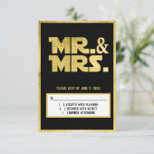 Mr en Mrs Sci Fi Black Gold Wedding RSVP Kaartje (Staand voorkant)