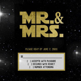 Mr en Mrs Sci Fi Black Gold Wedding RSVP Kaartje