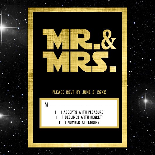 Mr en Mrs Sci Fi Black Gold Wedding RSVP Kaartje