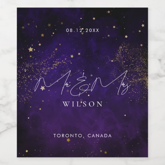 Mr en Mrs Script Dark Paars Magical Gold Wijn Etiket (Enkel label)