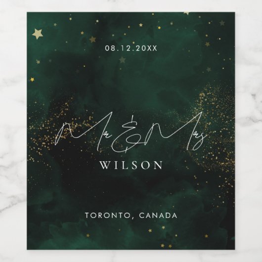Mr. en Mrs. Script Emerald Green Magical Gold Wijn Etiket (Enkel label)