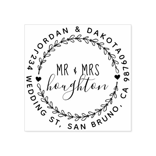 Mr en Mrs Script Wedding Wreath Retouradres Rubberstempel (Afrduk)