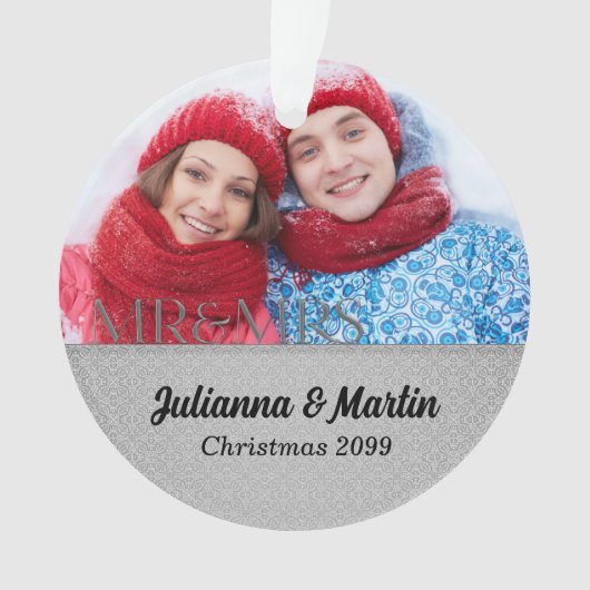 Mr. en Mrs Silver Damask Wedding Foto Kerstmis Ornament (voorkant)