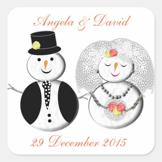 Mr en Mrs Snowman Schattigee Sneeuwbruid en bruide Vierkante Sticker (Voorkant)