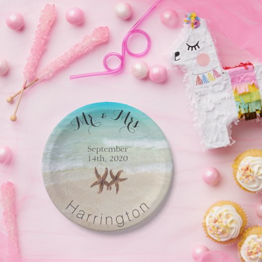 Mr en Mrs Starfish Beach Trouwpapier Borden Papieren Bordje (Feest)