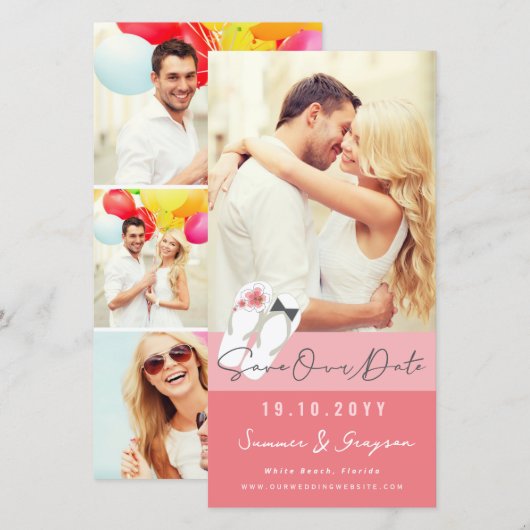 Mr. en Mrs. Teenslippers Pink Hibiscus Beach Foto Save The Date (Voorkant / Achterkant)
